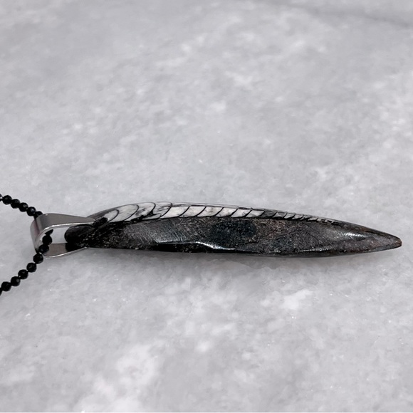 Fossil Orthoceras Silver Pendant with Thai Black Spinel Beaded 18” Necklace - Picture 3 of 14